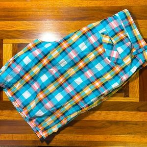 Lululemon mens 36 light blue plaid flat front hybrid shorts EUC